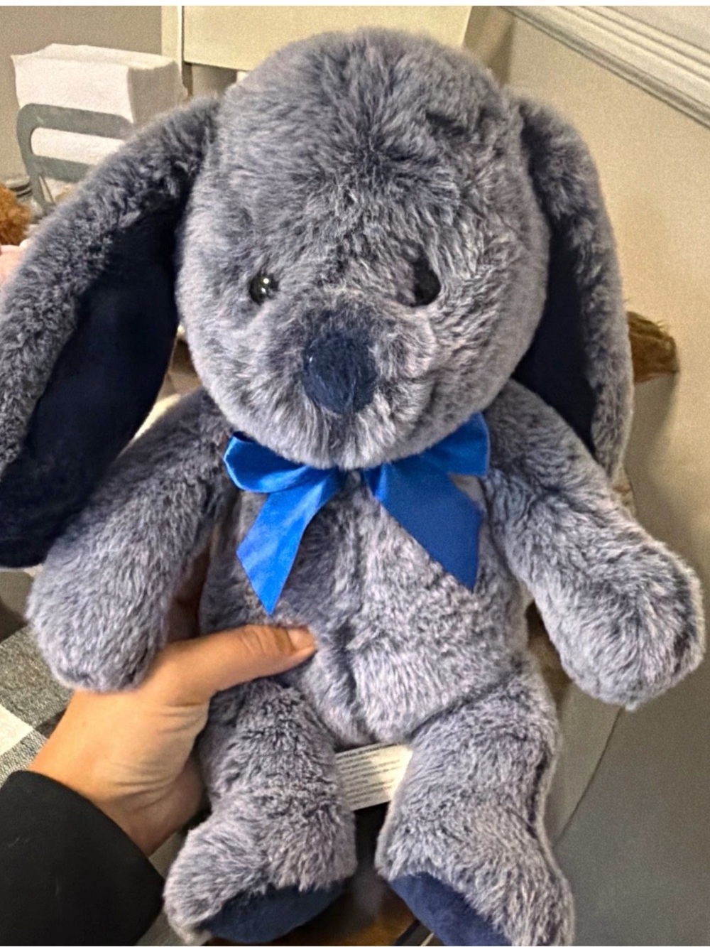 Plush Grey Bunny with Blue Bow - Kids Toy